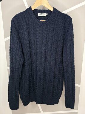 Wellen Seawool Fisherman Cable Knit Sweater Mens XL Navy Blue Huckberry Crewneck